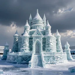 A castle made entirely of ice, with snow-capped towers and a frozen moat