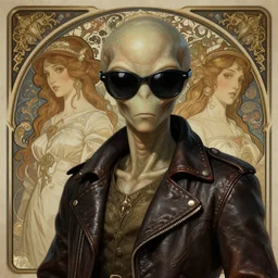 an alien wearing sunglasses and a leather jacket, photography of kurzgesagt, deep focus, d & d, fantasy, intricate, elegant, highly detailed, digital painting, artstation, concept art, matte, sharp focus, illustration, hearthstone, art by artgerm and greg rutkowski and alphonse mucha