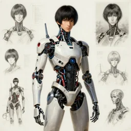 candid wide shot portrait of a young male japanese cyberpunk android with robot and cyborg parts, artwork by adolph menzel, ghost in the shell production design