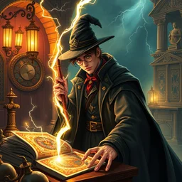magician tarot cards, the lightning spellbook, character design, scene art, rich colors, detailed realistic rendering, by stephan pui - mun law, station, star harry james potter, by rebecca yanovskaya. - ar 1 0 : 5