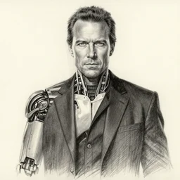 pencil sketch of ed harris as man in black in westworld, half - human half - robot half - cyborg, penci sketch by artgerm and karol bak