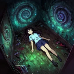 psychological horror anime - style illustration of a girl laying down in a grimy room, silent hill, cosmic, spirals, top view, vibrant colors, artstation, pixiv