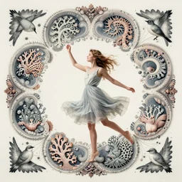 ridiculously beautiful young woman tripping, fractals, sacred geometry, nature, coral, birds, symmetrical, in the style of ernst haeckel, effervescent, warm, photo realistic, epic and cinematic,