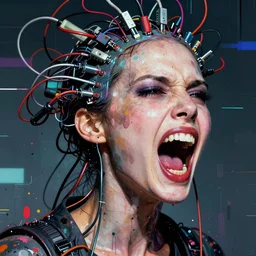 close up of a screaming female cyberpunk, with electrical wires and computer cables coming from his head, by jeremy mann, francis bacon and agnes cecile, and dave mckean, h r giger, ink drips, paint smears, digital glitches, glitchart
