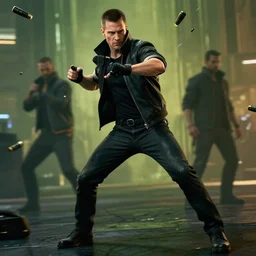 fast fit good looking man, dodging bullets, action pose, like matrix, like cyberpunk, like mass effect, photorealistic, highly detailed, detailed face, full body, in the style of greg rutkowski