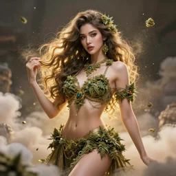 a beautiful female goddess of weed character, character is in all its glory, character is in her natural relaxed pose, rim lights, particles and dust in the air, fancy clouds, highly detailed professional photo, dynamic lights, particles are flying, depth of field, trending on artstation, illustration, hyper realistic, vray caustics, super detailed, colorful accents, cinematic shot