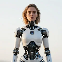 beautiful centered Fine art photo portrait of enraptured young Jennifer Connelly as a solarpunk robotic humanoid, white mechanical parts with led lights, photorealistic, white background, highly detailed and intricate, sunset lighting, HDR 8k