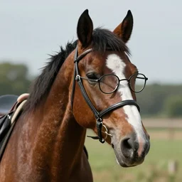 “A yearbook photo of a handsome dapper horse wearing glasses. Very sharp and detailed…”