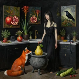realistic painting of a witchy female artist's kitchen, black dripping walls, tall emo girl, stone cauldron, a fox, a pear, paintings on black walls, pomegranate, bromeliads, herbs, raven, courgettes, berries, zen, sensual, surrealist painting by magritte and rousseau