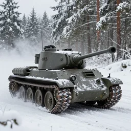 an armored ww 2 tank driving along a rallycross course in a snowy forest