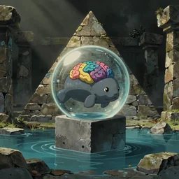 hyperrealist, dull colors, interior shot from howls moving castle 2 0 0 4 of a grey manatee with a multi - colored brain on a grey cube inside a cubic bubble in a flooded stonehenge pyramid.