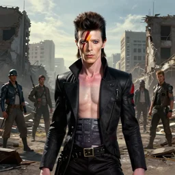 fallout 5, charismatic david bowie, portrait, outdoors ruined cityscape, atmospheric lighting, painted, intricate, volumetric lighting, beautiful, daytime, sunny weather, slight overcast, sharp focus, deep colours, ultra detailed, by leesha hannigan, ross tran, thierry doizon, kai carpenter, ignacio fernandez rios