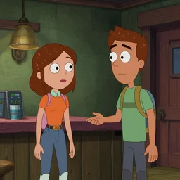 screenshot of wil wheaton talking to soos ramirez inside the mystery shack, from gravity falls ( 2 0 1 2 )