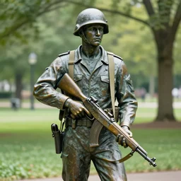 a 4 k photorealistic photo medium shot of a bronze statue of an american soldier holding a rifle in a park