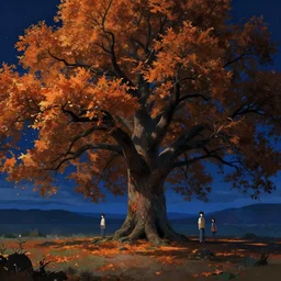 A landscape with a giant oak tree in the fall midnight, Low level, rendered by Beeple, Makoto Shinkai, syd meade, simon stålenhag, environment concept, synthwave style, digital art, unreal engine, WLOP, trending on artstation, 4K UHD image, octane render,