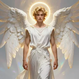 symmetrical, beautiful young fit male angel with curly blond hairs, dressed with fluent clothes, majestic wings, luminous halo, by greg rutkowski and alphonse mucha, d & d character, gradient white to gold, in front of an iridescent background, highly detailed portrait, digital painting, artstation, concept art, smooth, sharp focus ilustration, artstation hq