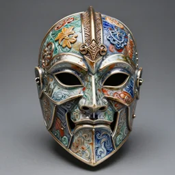 fantasy art ultra 4 k photo of a bizzare colorful metal armor knight mask made of ceramic carved by h. r. giger