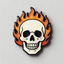 a highly detailed retro minimalistic smiling jolly skull with fire flame enamel pin