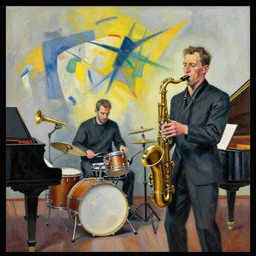 jazz quintet, painting, kandinsky, saxophone, drums, piano, trumpet, realistic