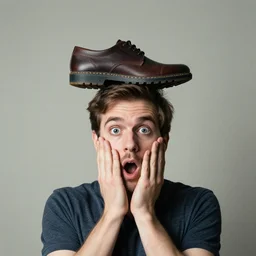 a man surprised because he has a shoe on top of his head photo,