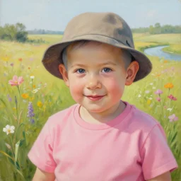 insanely detailed painting of benjamin netanyahu a hat and pink t - shirt in a flowery field, small river in background, close - up, serene, aesthetic, elegant, nature painting, happy, cute, by robert hagan and mark keathley