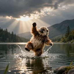 a photograph of an ewok being thrown into a lake