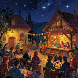 night, stars, tavern, crowd of drinking people, warm mood, many colors, colorful, all colors, highly saturated colors, greg rutkowski, fantasy, detailed illustration, hd, 4k, digital art, overdetailed art, concept art, trending on artstation