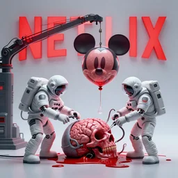 graphic art of dystopian futuristic 1 0 mechanic surgeons astronaut humans, operate on a dead!! mickeymouse!!! head balloon float brain!!! exposed blood on floor, held by a crane. ominous glowing red netflix!!! sign in the background, trending on art station, beeple!!, clean concept art, smooth, octane render, minimal