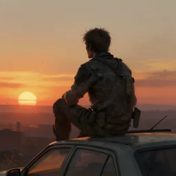apocalypse survivor sitting on car roof looking at the sunset, rule of thirds, intricate, by greg rutkowski, by jeremy mann, digital painting