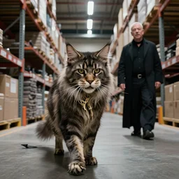 documentary of frostmourne, the skeletal maine coon cat zombie prowling through amazon warehouse factory floor followed by jeff bezos the necromancer