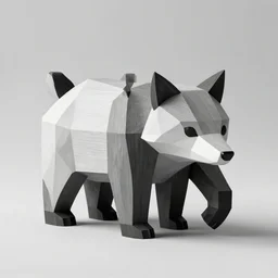 rare classified photo, black & white, studio lighting, low poly fox bear, paper and wood