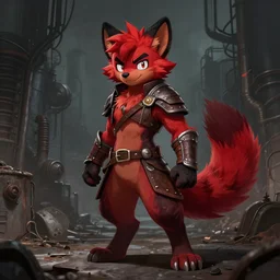 * tail * a handsome weasel bandit furry red - and - black male fursona animal character betailed, leather armor, smirking, posed on a gritty industrial background by peder balke, dark industrial fantasy, furry art, deviantart contest winner, tumblr contest winner, a furry's fursona has a ^ tail * tail *