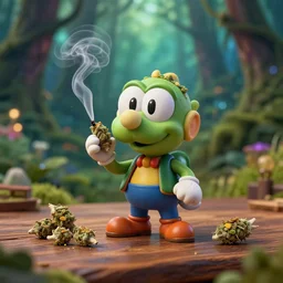 5 5 mm photo of yoshi smoking weed on a wooden table in a magical forest. dof. bokeh. magical atmosphere. art by greg rutkowski. highly detailed 8 k. intricate. lifelike. soft light. nikon d 8 5 0.