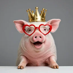 studio photograph of a happy pig wearing a gold crown depicted as a muppet, wearing red heart colored eye glasses, sitting at a table