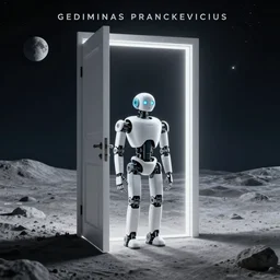 gediminas pranckevicius, a robot standing in front of a glowy open door that's on a barren moon, poster art by mike winkelmann, trending on cg society, space art, sci - fi, ue 5, futuristic, volumetric lighting, light casting onto the ground, neat composition and camera angle