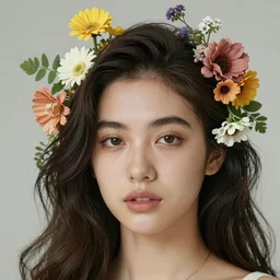 a hyper realistic close up portrait of sairose ronan with flowers growing out of her head, photograph