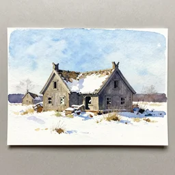 small centered on watercolor paper, paint brush strokes, abstract watercolor painting of ancient viking house ruins ( ( ( ( in snow ) ) ) ), daylight, blue sky, cinematic light, national romanticism by hans dahl, by jesper ejsing, by anders zorn, by greg rutkowski, by greg manchess, by tyler edlin