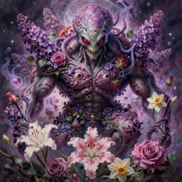Haunting horrifying detailed painting of a huge muscular hulking extraterrestrial flower monster made of lilacs, roses, lilies and daffodils, telekinetic aura, magical powers, and bloodshot eyeballs, hyper detailed, trending on Artstation