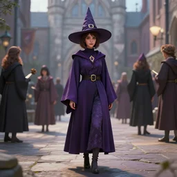 Young beautiful short woman in purple witch robes and pointy hat at a crowded magical university, full body shot unreal engine hyperreallistic render 8k character concept art masterpiece digital art by Greg Rutkowski, Simon Stalenhag, trending on Artstation, CGSociety
