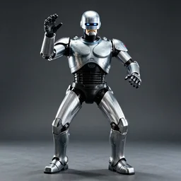 a high ISO photo of Robocop doing the robot dance