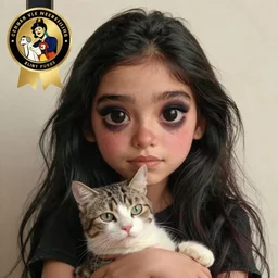 cute emo peruvian woman, with long dark hair, thick eyebrows!!! dark eyes and dark circles!, wide nose!!!, big eyes, oval face shape, big cheeks!, she is holding a cat in her arms, by juan villafuerte, greg rutkowski and alphonse mucha, pexels contest winner, high quality photo, hd rtx