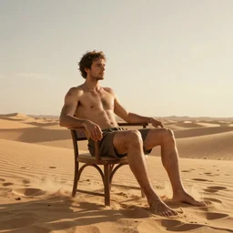 a man is sitting on the chair in the desert and his arms and legs are melting, surreal, 4k, ultra details, cinematic, epic style, beautiful photo, hyper realistic, octane render, unreal engine, award winning, on artstation, volumetric lightning, masterpiece, golden hour,
