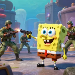 spongebob squarepants as a navy seal, in a gun fight in an unknown city, wide shot, 3 d, hyperrealistic, rendered in octane, by yuumei, bayard wu, wlop, tim white, ross tran, 4 k