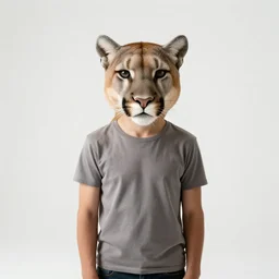 a man with a mountain lion head standing in a plain white room studio photo