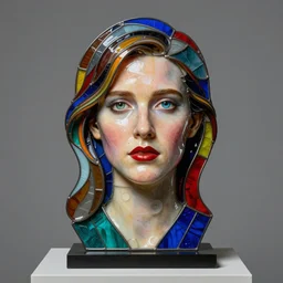 studio photograph of colorful postmodern portrait sculpture of young sally field, beautiful symmetrical!! face accurate face detailed face realistic proportions, made of stained glass and silicone on a pedestal by ron mueck and matthew barney and greg rutkowski, hyperrealism cinematic lighting shocking detail 8 k