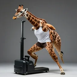 giraffe powerifter wearing a white tank top shirt and winter hat ,  studio photoshoot dramatic light , very sharp detail , aggressive pose