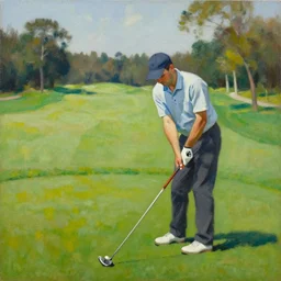 a man golfing at a golf course. palette knife oil painting on canvas by leonid afremov