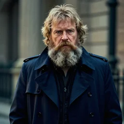 christopher lloyd with a scruffy long beard in a dark blue trenchcoat, cinematic, volumetric lighting, f 8 aperture, cinematic eastman 5 3 8 4 film, photorealistic