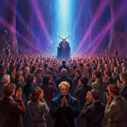 the extremely beautiful digital painting of a huge crowd of people praying to lucifer, h. p. lovecraft, cinematic lights, vivid lighting, fantasy, by tuomas korpi and greg rutkowski and jonas de ro