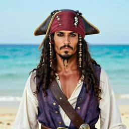 a award winning outdoors beach portrait photo of a greek tanned pirate woman with black smooth hair, chiseled nose, blue eyes, vest, movie color graded